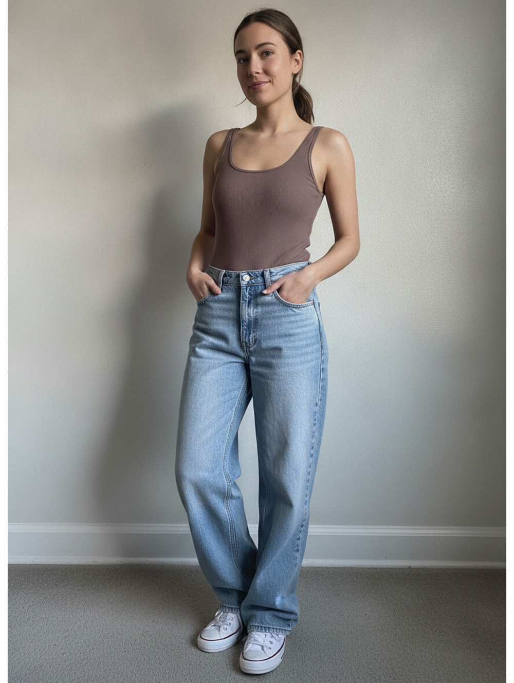 Abercrombie Fitch ribbed taupe bodysuit size M clean girl essential minimalist
